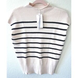 Preppy Ribbed Mock Neck Striped Sleeveless Sweater Top Cream Black XS